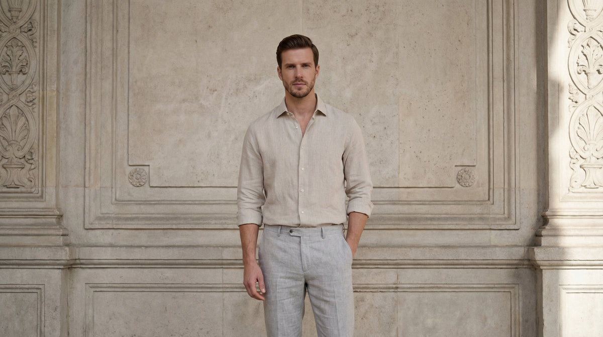 Man wearing a neutral shirt and tailored trousers against a stone facade
