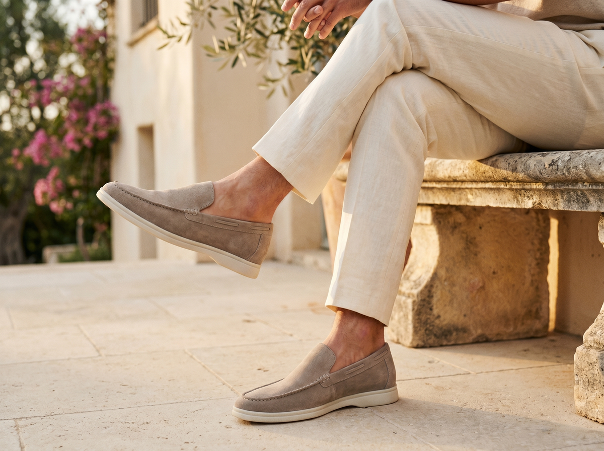Suede loafers styled with light trousers on a sunlit terrace