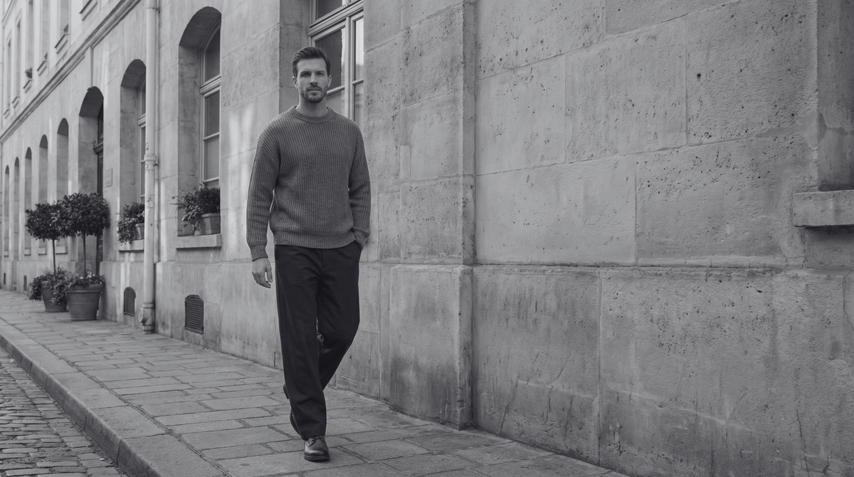 Black and white menswear editorial in a city street