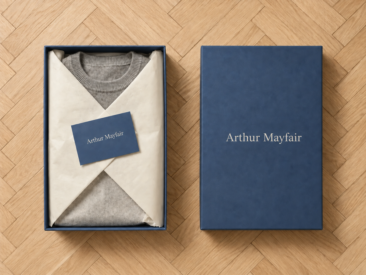 Arthur Mayfair navy presentation box and branded card with a grey knit sweater wrapped in ivory tissue paper